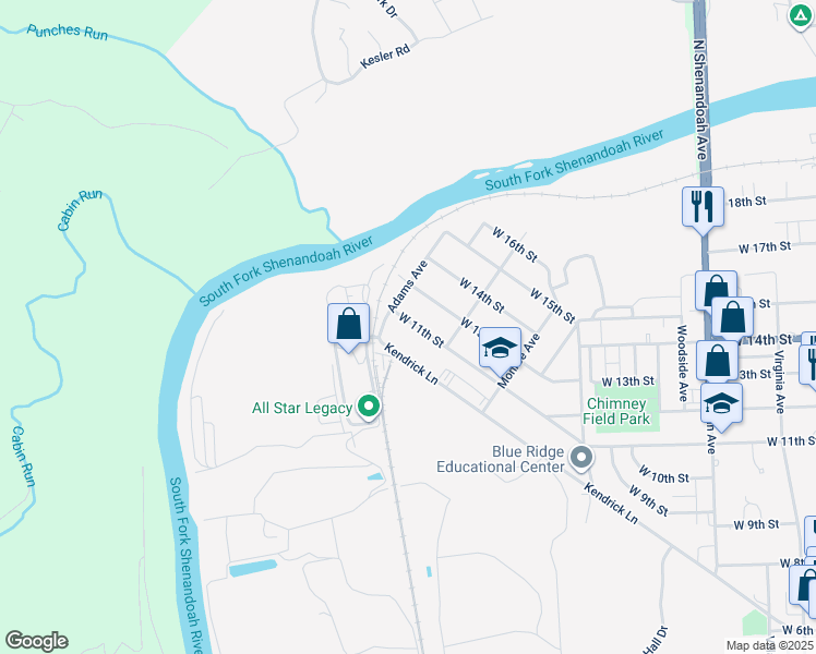 map of restaurants, bars, coffee shops, grocery stores, and more near 838 West 11th Street in Front Royal