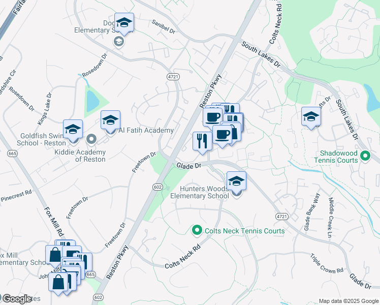 map of restaurants, bars, coffee shops, grocery stores, and more near 2440 Ridgehampton Court in Reston