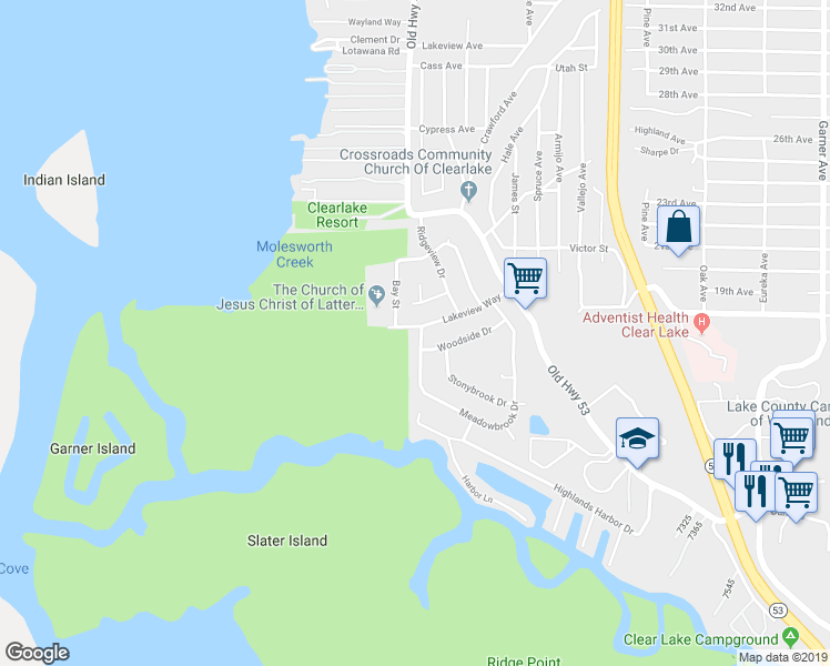 map of restaurants, bars, coffee shops, grocery stores, and more near 15025 Lakeview Way in Clearlake