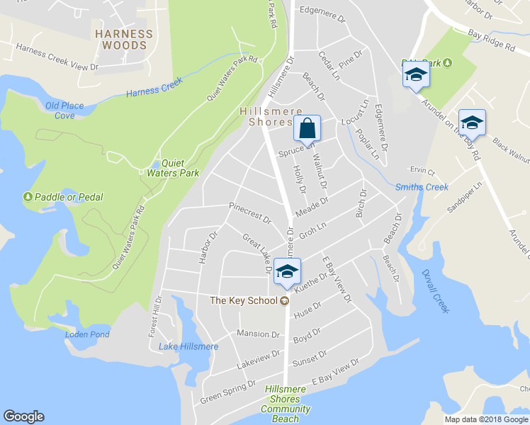 map of restaurants, bars, coffee shops, grocery stores, and more near 110 Pinecrest Drive in Annapolis
