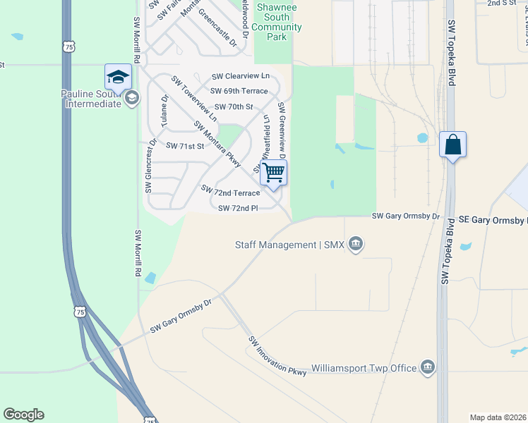 map of restaurants, bars, coffee shops, grocery stores, and more near 1403 Southwest 72nd Place in Topeka