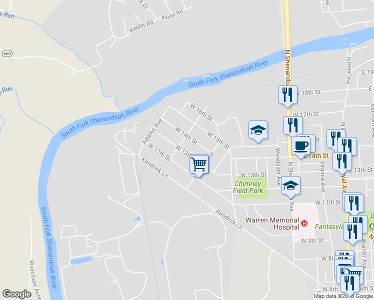 map of restaurants, bars, coffee shops, grocery stores, and more near 741 West 13th Street in Front Royal