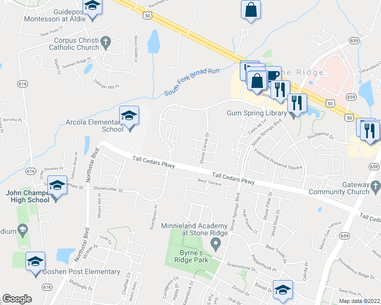 map of restaurants, bars, coffee shops, grocery stores, and more near 24661 Woolly Mammoth Terrace in Aldie