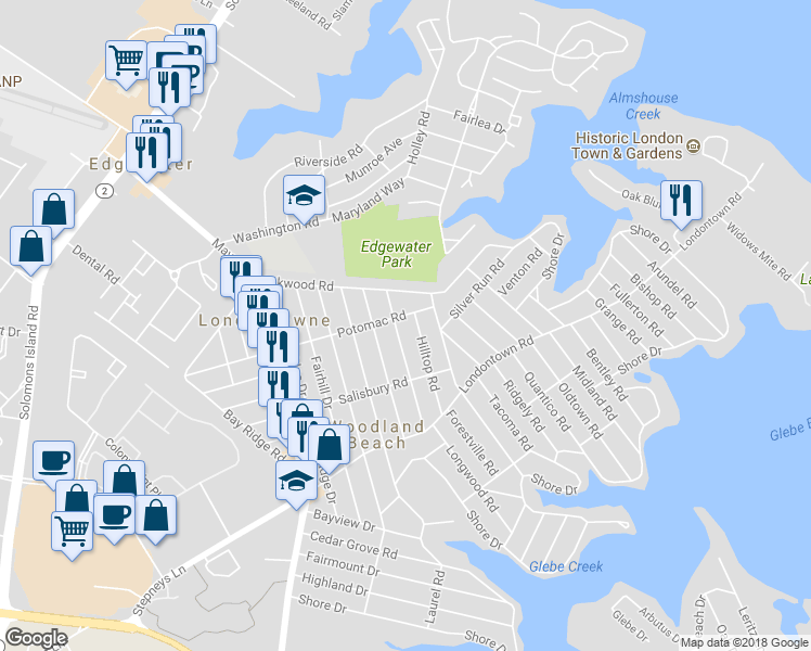 map of restaurants, bars, coffee shops, grocery stores, and more near 1617 Millstone Drive in Edgewater