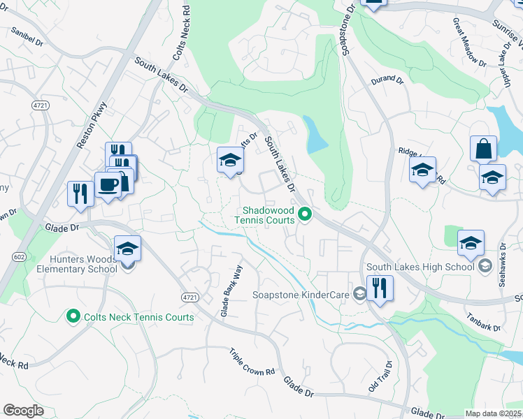 map of restaurants, bars, coffee shops, grocery stores, and more near 2230 Wheelwright Court in Reston