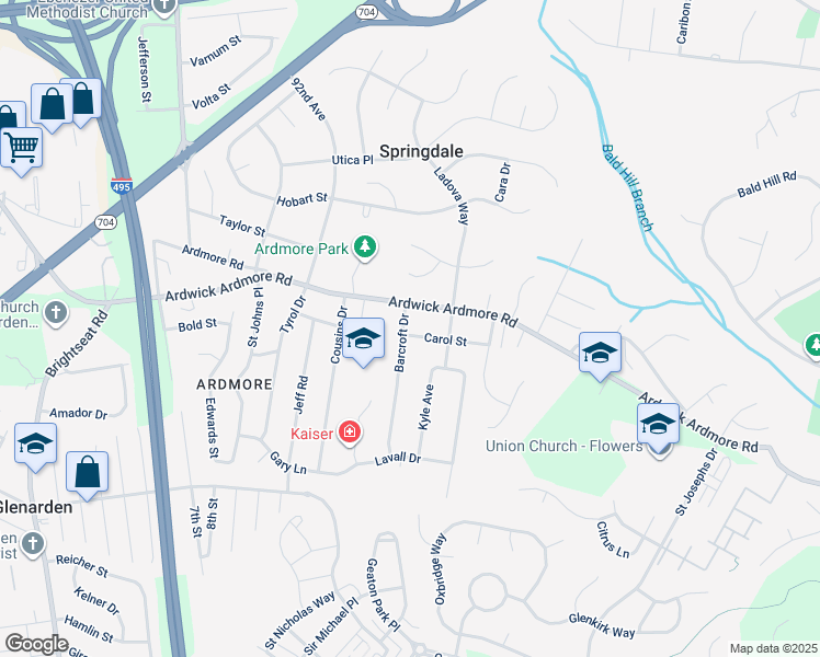 map of restaurants, bars, coffee shops, grocery stores, and more near 9400 Carol Street in Upper Marlboro