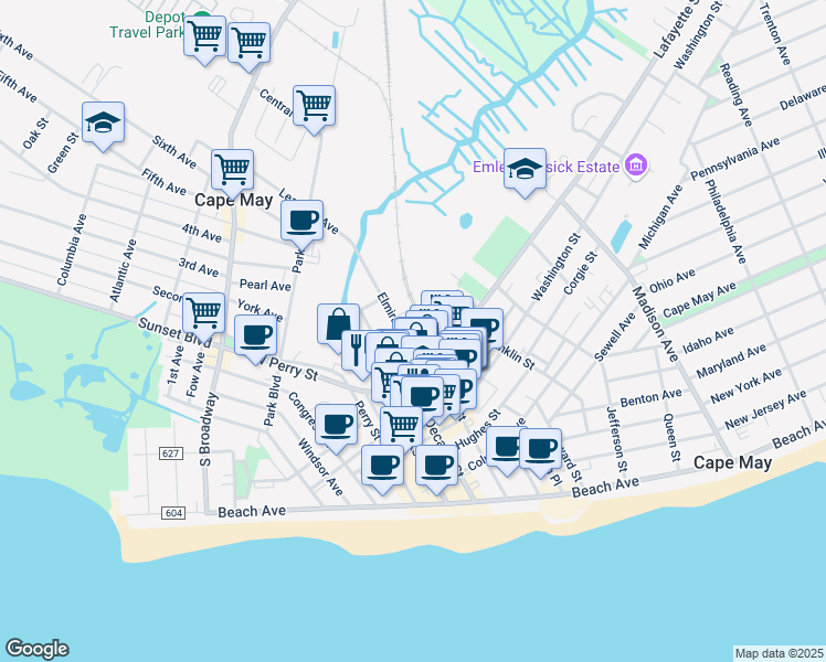 map of restaurants, bars, coffee shops, grocery stores, and more near 507 Elmira Street in Cape May
