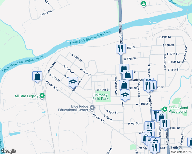 map of restaurants, bars, coffee shops, grocery stores, and more near 454 West 15th Street in Front Royal