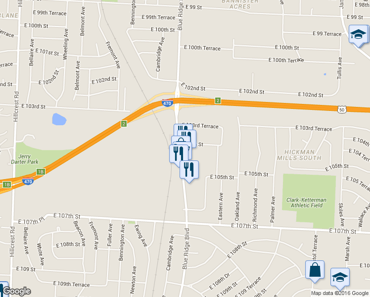 map of restaurants, bars, coffee shops, grocery stores, and more near 10401 Blue Ridge Boulevard in Kansas City