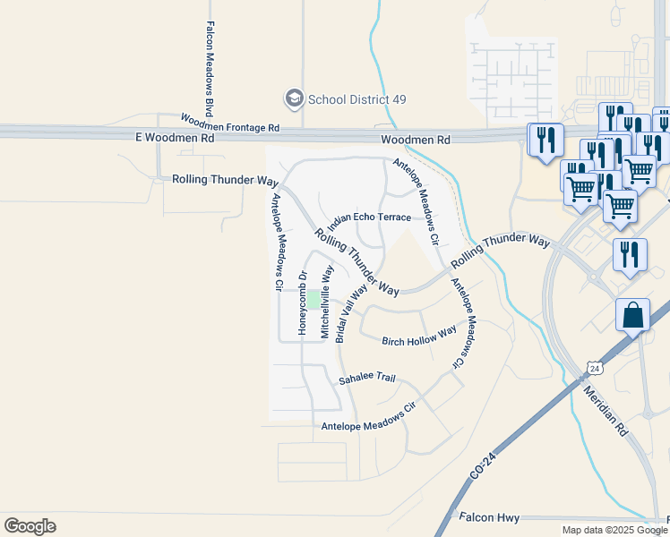 map of restaurants, bars, coffee shops, grocery stores, and more near 7193 Mitchellville Way in Peyton