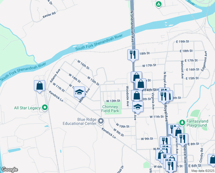 map of restaurants, bars, coffee shops, grocery stores, and more near 452 West 15th Street in Front Royal