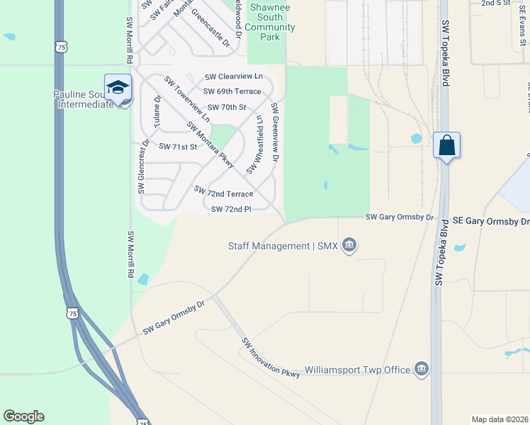 map of restaurants, bars, coffee shops, grocery stores, and more near 1403 Southwest 72nd Place in Topeka