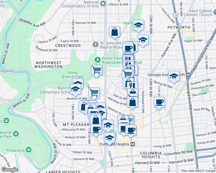 map of restaurants, bars, coffee shops, grocery stores, and more near 3525 16th Street Northwest in Washington