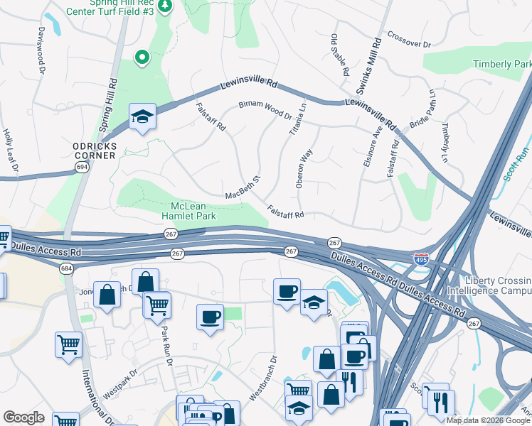 map of restaurants, bars, coffee shops, grocery stores, and more near 7923 Falstaff Road in McLean