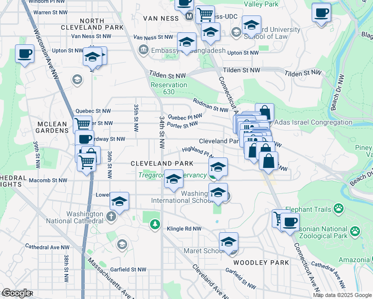 map of restaurants, bars, coffee shops, grocery stores, and more near Highland Place Northwest in Washington