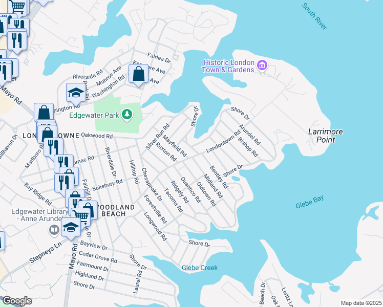 map of restaurants, bars, coffee shops, grocery stores, and more near 550 Londontown Road in Edgewater