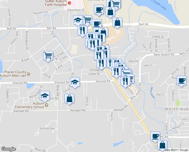 map of restaurants, bars, coffee shops, grocery stores, and more near 11750 Jones Street in Auburn