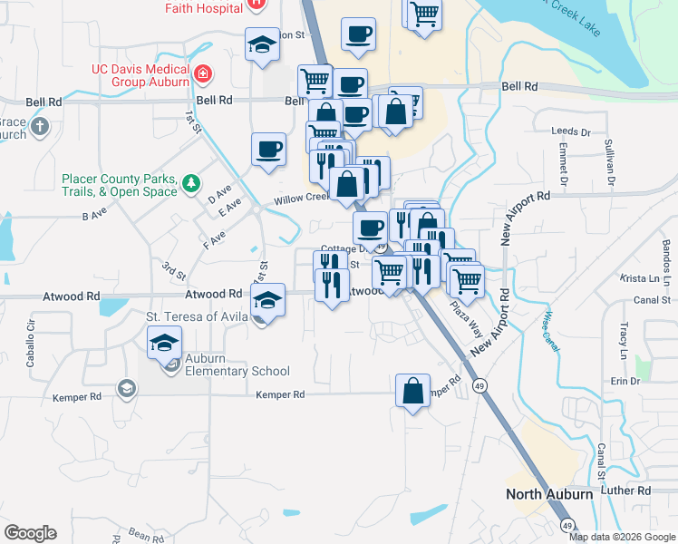 map of restaurants, bars, coffee shops, grocery stores, and more near 11750 Jones Street in Auburn