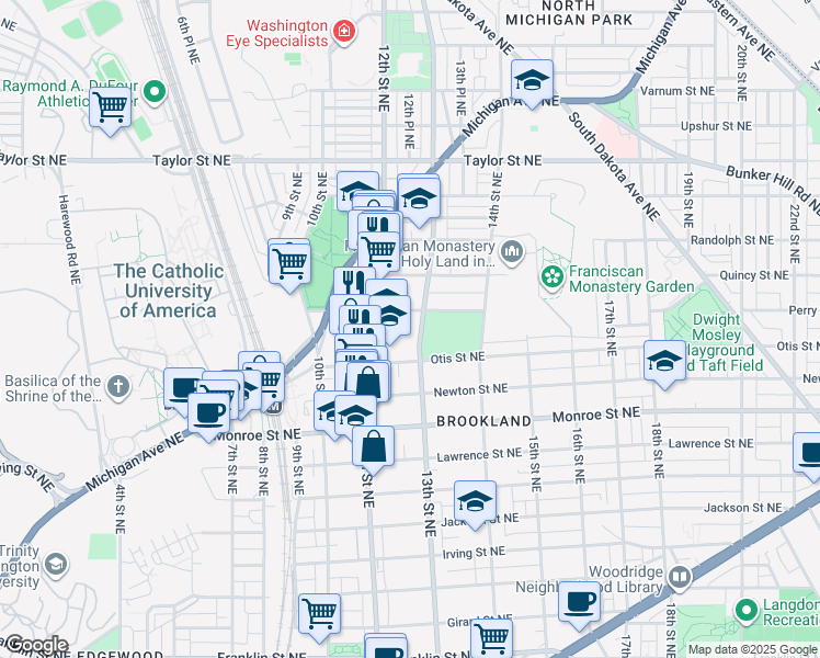 map of restaurants, bars, coffee shops, grocery stores, and more near 3718 13th Street Northeast in Washington