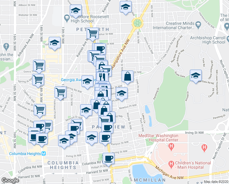 map of restaurants, bars, coffee shops, grocery stores, and more near 721 Princeton Place Northwest in Washington