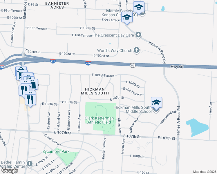 map of restaurants, bars, coffee shops, grocery stores, and more near 10404 Tullis Avenue in Kansas City