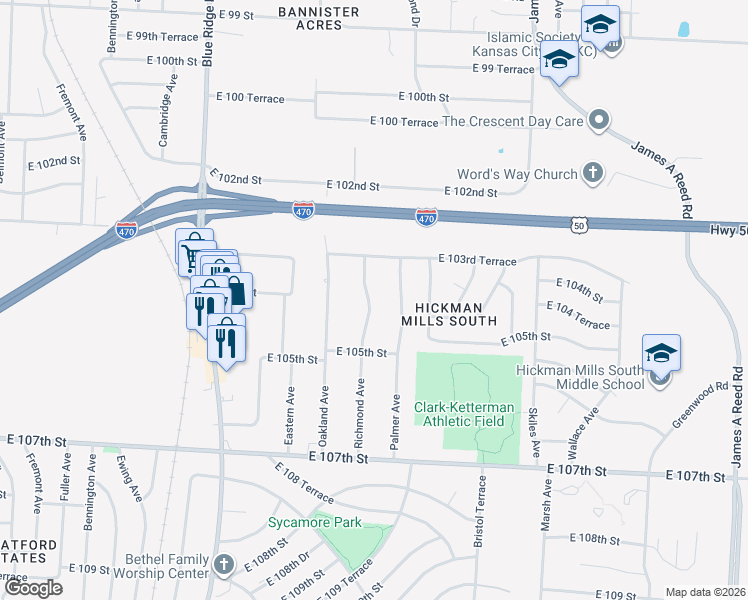 map of restaurants, bars, coffee shops, grocery stores, and more near 10404 Richmond Avenue in Kansas City