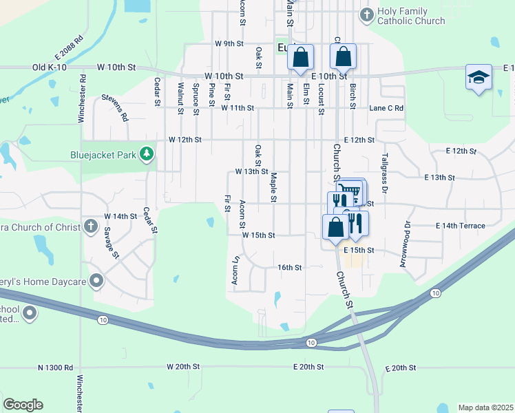 map of restaurants, bars, coffee shops, grocery stores, and more near 215 West 14th Street in Eudora