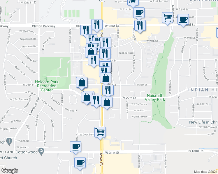 map of restaurants, bars, coffee shops, grocery stores, and more near 1821 West 26th Street in Lawrence