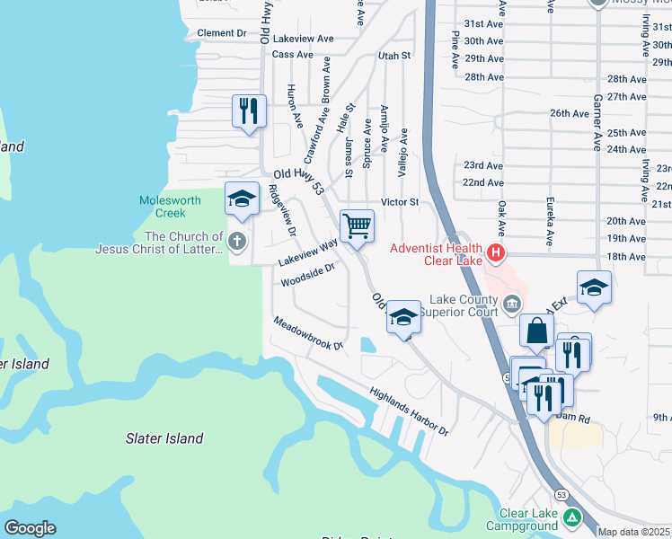 map of restaurants, bars, coffee shops, grocery stores, and more near 15185 Woodside Drive in Clearlake