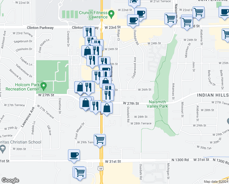 map of restaurants, bars, coffee shops, grocery stores, and more near 1821 West 26th Street in Lawrence