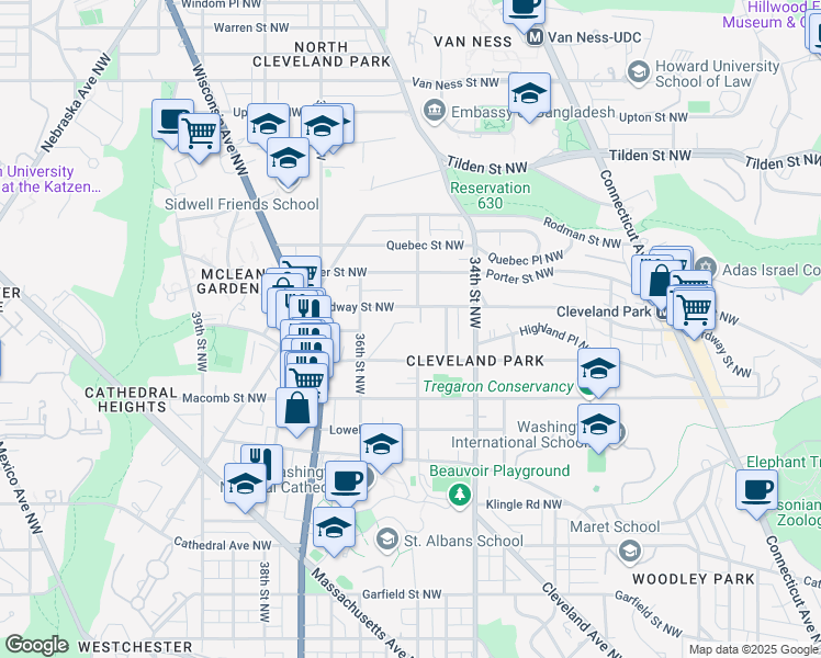 map of restaurants, bars, coffee shops, grocery stores, and more near 3501 Newark Street Northwest in Washington