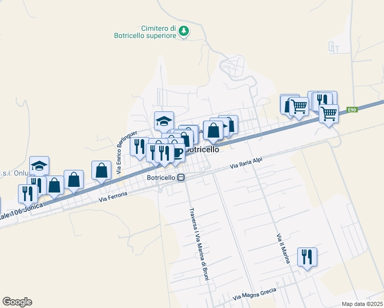 map of restaurants, bars, coffee shops, grocery stores, and more near 1 Via Bologna in Botricello