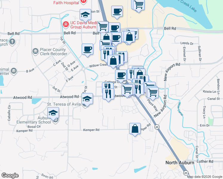 map of restaurants, bars, coffee shops, grocery stores, and more near 11750 Jones Street in Auburn