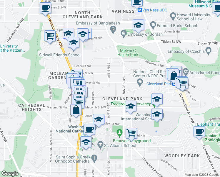map of restaurants, bars, coffee shops, grocery stores, and more near 3470 Ordway Street Northwest in Washington