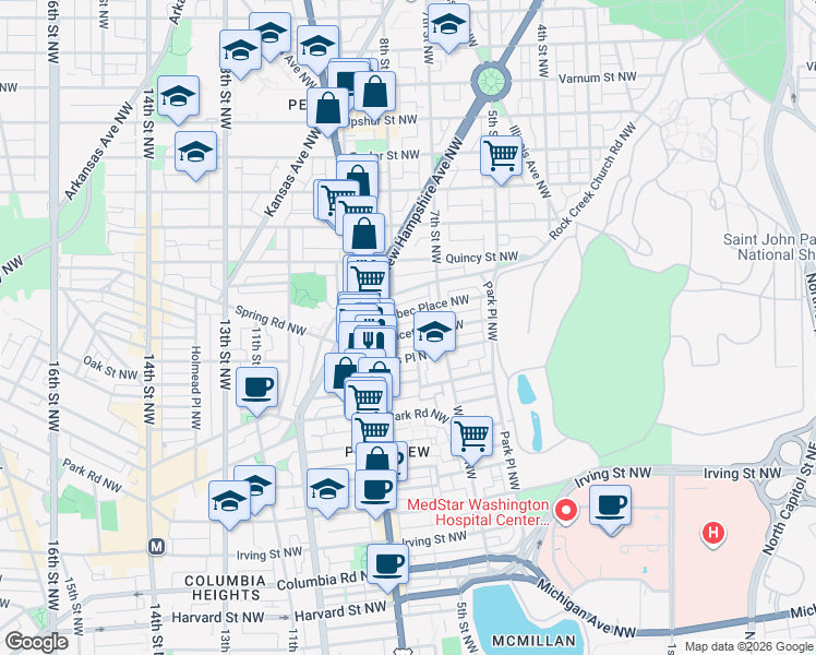 map of restaurants, bars, coffee shops, grocery stores, and more near 733 Princeton Place Northwest in Washington