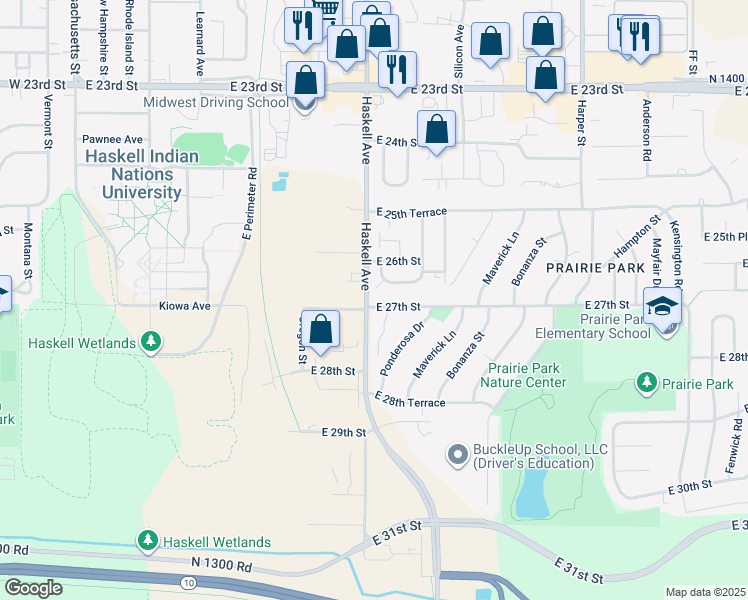 map of restaurants, bars, coffee shops, grocery stores, and more near 1008 East 27th Street in Lawrence