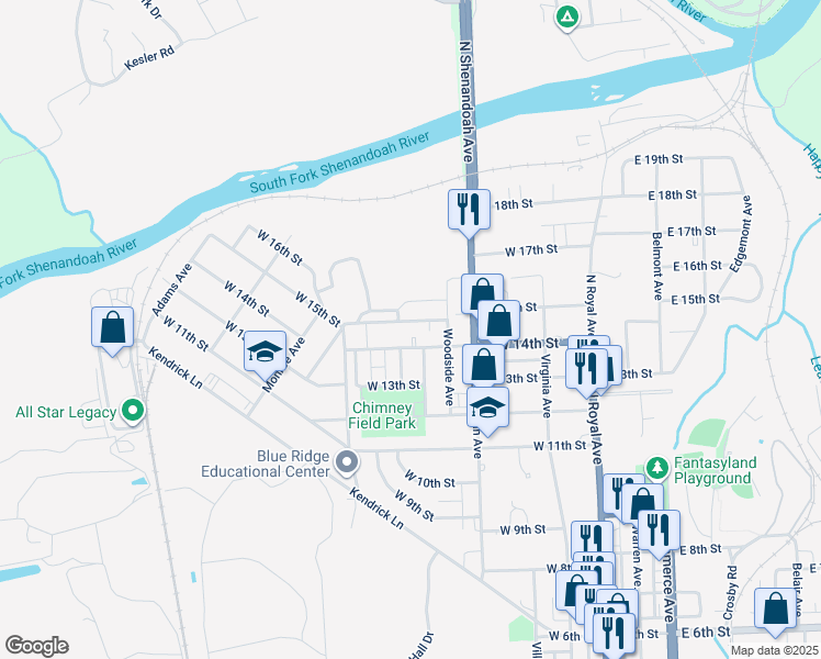 map of restaurants, bars, coffee shops, grocery stores, and more near 432 West 15th Street in Front Royal