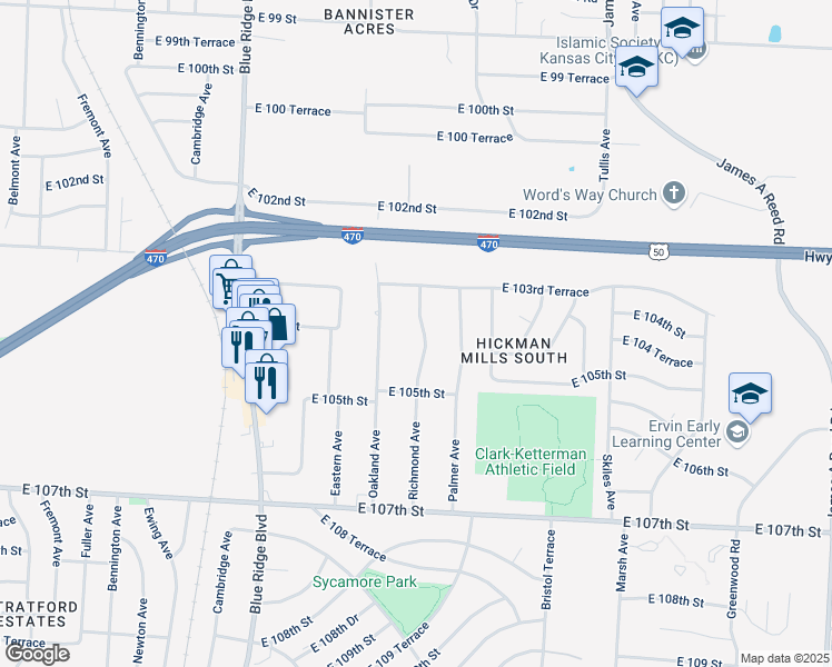 map of restaurants, bars, coffee shops, grocery stores, and more near 10324 Richmond Avenue in Kansas City