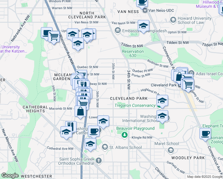 map of restaurants, bars, coffee shops, grocery stores, and more near 3501 Newark Street Northwest in Washington