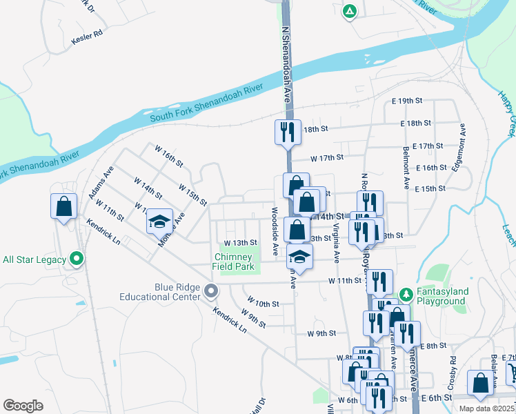 map of restaurants, bars, coffee shops, grocery stores, and more near 424 West 15th Street in Front Royal