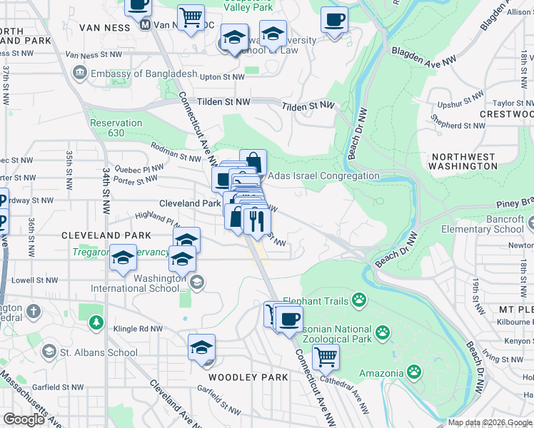 map of restaurants, bars, coffee shops, grocery stores, and more near 2724 Porter Street Northwest in Washington