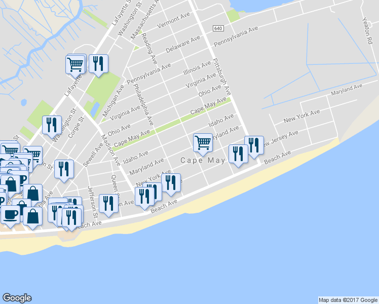 map of restaurants, bars, coffee shops, grocery stores, and more near 204 Reading Avenue in Cape May