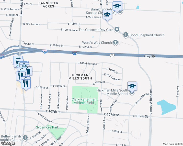 map of restaurants, bars, coffee shops, grocery stores, and more near 10404 Tullis Avenue in Kansas City