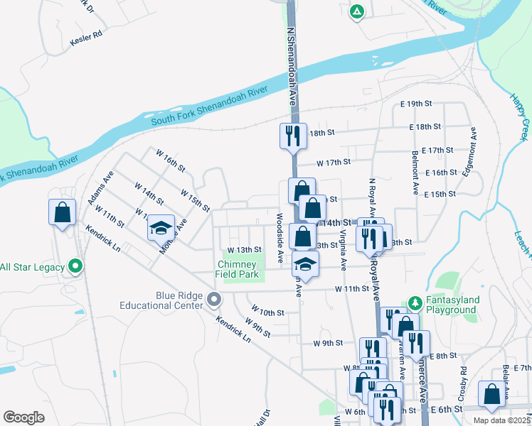 map of restaurants, bars, coffee shops, grocery stores, and more near 418 West 15th Street in Front Royal