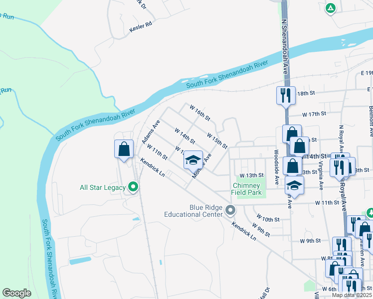 map of restaurants, bars, coffee shops, grocery stores, and more near 741 West 13th Street in Front Royal