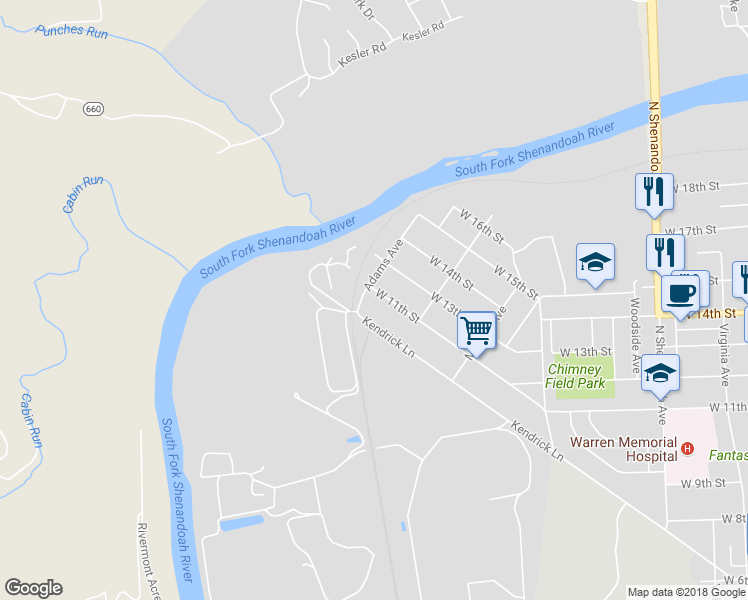 map of restaurants, bars, coffee shops, grocery stores, and more near 850 West 11th Street in Front Royal