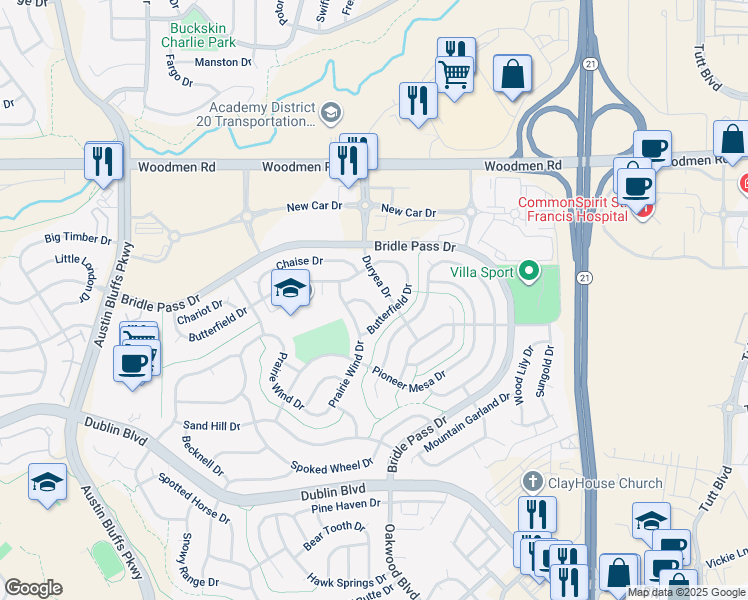 map of restaurants, bars, coffee shops, grocery stores, and more near 7229 Mineral Wells Drive in Colorado Springs