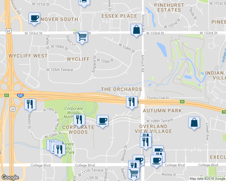 map of restaurants, bars, coffee shops, grocery stores, and more near 8876 West 106th Terrace in Overland Park