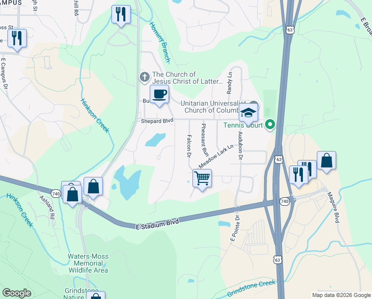 map of restaurants, bars, coffee shops, grocery stores, and more near 1103 Falcon Drive in Columbia
