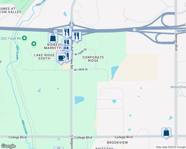 map of restaurants, bars, coffee shops, grocery stores, and more near 18001 West 106th Street in Olathe
